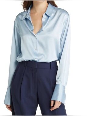 Frame NWT The Standard Shirt Silk‎ Blue Button Down Collar Size Large